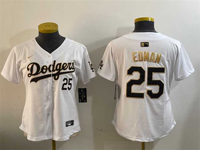 Womens Los Angeles Dodgers #25 Tommy Edman White Gold Home Limited Stitched Jersey